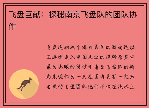 飞盘巨献：探秘南京飞盘队的团队协作